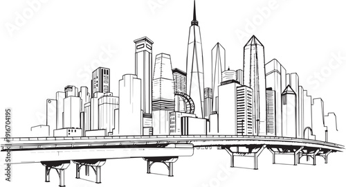 City landscape. Different buildings on street, outline cityscape hand sketch, flat houses. Hand drawn vector illustration