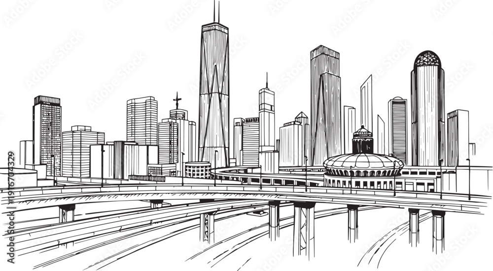 Fototapeta premium City landscape. Different buildings on street, outline cityscape hand sketch, flat houses. Hand drawn vector illustration