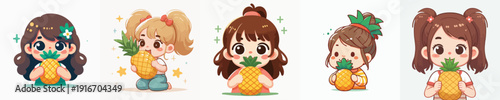 Cute Whimsical Little Girl Holding Pineapple Fruit Character Illustration Set