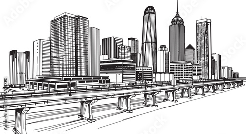 City landscape. Different buildings on street, outline cityscape hand sketch, flat houses. Hand drawn vector illustration