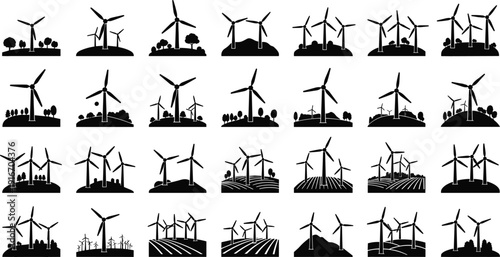 Wind turbine icons set, renewable energy silhouettes, eco power vector illustration, sustainable landscape design, green electricity symbols, clean environment collection
