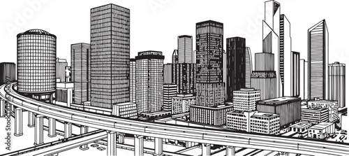 City landscape. Different buildings on street, outline cityscape hand sketch, flat houses. Hand drawn vector illustration