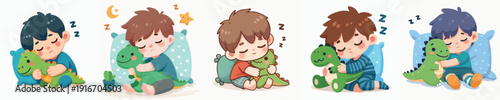 Cute Cartoon Little Boy Sleeping Peacefully With Dinosaur Toy Illustration