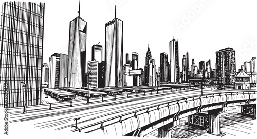 City landscape. Different buildings on street, outline cityscape hand sketch, flat houses. Hand drawn vector illustration