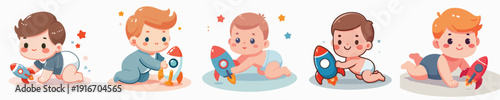 Cartoon Illustration of Baby Boy Playing with Rocket Toy, Cute Characters