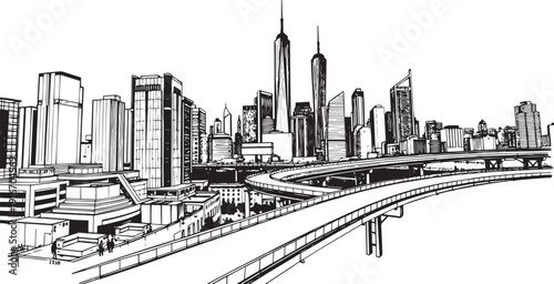 City landscape. Different buildings on street, outline cityscape hand sketch, flat houses. Hand drawn vector illustration