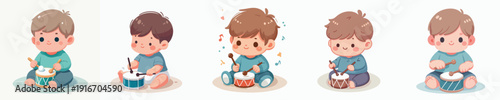 Cute Flat Cartoon Character of Little Boy Playing Drum Illustration