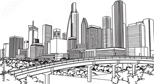 City landscape. Different buildings on street, outline cityscape hand sketch, flat houses. Hand drawn vector illustration