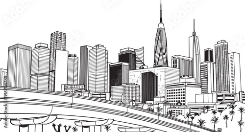 City landscape. Different buildings on street, outline cityscape hand sketch, flat houses. Hand drawn vector illustration