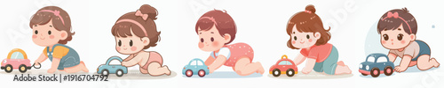 Cute Cartoon Style Illustration of Babies Crawling and Playing with Toy Car