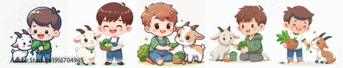 Cheerful Cartoon Boy and Goat Friendship Illustration Set for Children