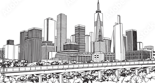City landscape. Different buildings on street, outline cityscape hand sketch, flat houses. Hand drawn vector illustration