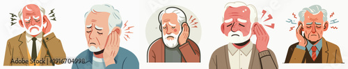Cartoon Style Collection of Senior Man with Ear Pain Character Illustration