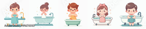 Cute Cartoon Style Various Children Taking Bath Time Illustration Set