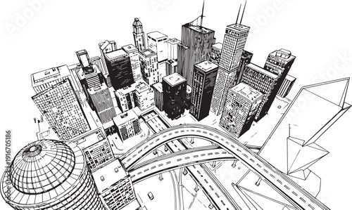City landscape. Different buildings on street, outline cityscape hand sketch, flat houses. Hand drawn vector illustration