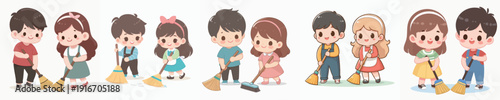 Cute Handdrawn Various Young Boy and Girl Sweeping Illustration Set