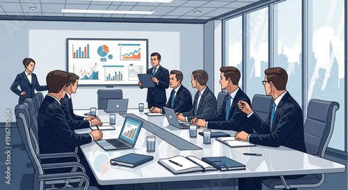 Business team meeting in modern office with presentation and laptops discussing strategy and data analysis on screen