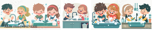 Cute Cartoon Illustration of Children Happily Washing Dishes Together At Sink