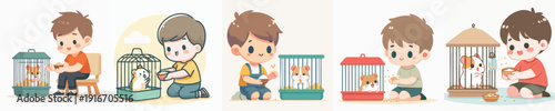 Cartoon Style Illustration of Boy Interacting with Hamster in Cage Character