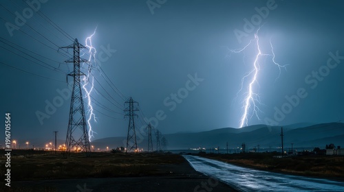 Lightning bolts over power lines and transmission towers in a dramatic night storm