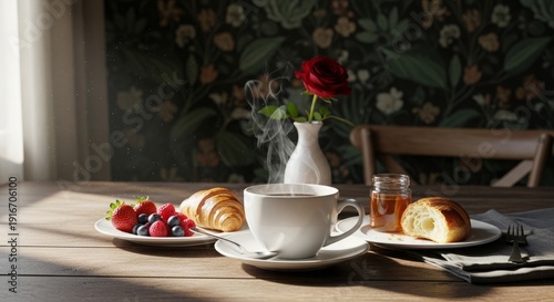 Wallpaper Mural Morning Coffee and Croissant Breakfast with Berries and Honey Torontodigital.ca