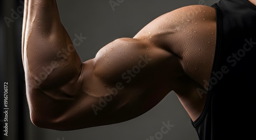 Strong muscular male torso of a fit athlete showcasing biceps and abs for gym fitness and bodybuilding strength