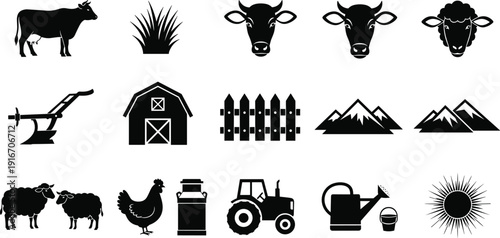 Black farm animal silhouette set with cow sheep chicken barn tractor and mountain icons isolated on white background for agriculture design