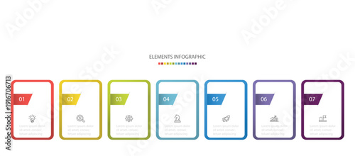 Business infographic process with square template design set.  7 steps business process concept. Can be used for process diagram, presentations, workflow layout, banner, flow chart, info graph. 