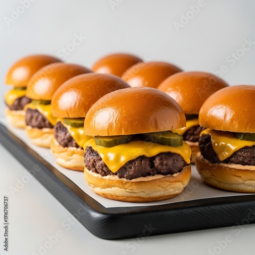 Tray of Mini Beef Burger Sliders with Cheese on Black Platter