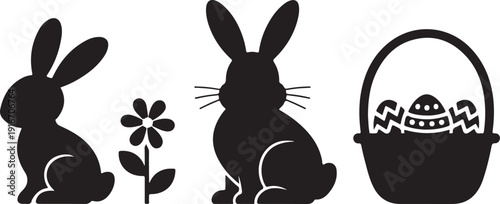 Vector Silhouette Set of Easter Symbols Bunny Rabbit Egg and Basket with Eggs