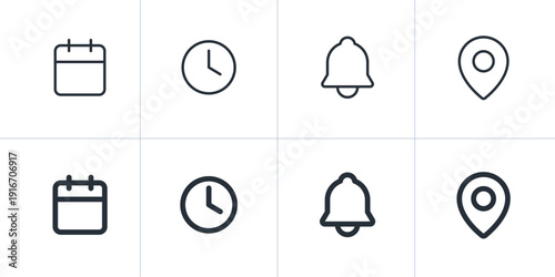 Event Information Line Icon Set. Linear Schedule Symbols for Time, Date, Notice, and Address.