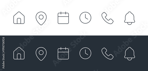 Event and Contact Information Line Icon Set. Linear Symbols for Time, Date, Address, Home, and Phone.
