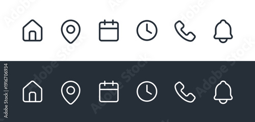 Event and Contact Information Line Icon Set. Linear Symbols for Time, Date, Address, Home, and Phone.
