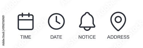 Event Information Line Icon Set. Linear Schedule Symbols for Time, Date, Notice, and Address.