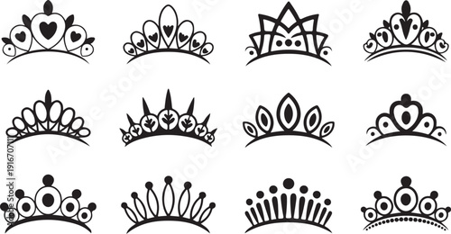 Vector tiara set. Beautiful queen tiaras or princess crown silhouettes for wedding cards and vignettes