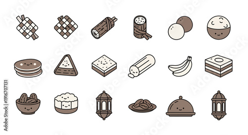 Cute Ramadan Iftar Food Icons with Faces, Kawaii Traditional Malay Indonesian Snacks Vector Set, Ramadan Lantern, Ketupat, and Dates Illustration