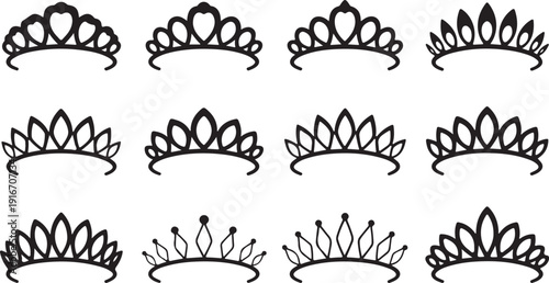 Vector tiara set. Beautiful queen tiaras or princess crown silhouettes for wedding cards and vignettes