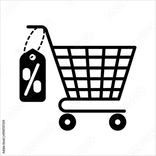 Shopping cart with percent, linear icon. Editable stroke