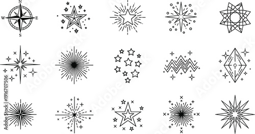 Starburst sparkle icons vector set, celestial stars collection, compass rose symbol, decorative shining elements, magic glitter shapes, vintage line art isolated illustration