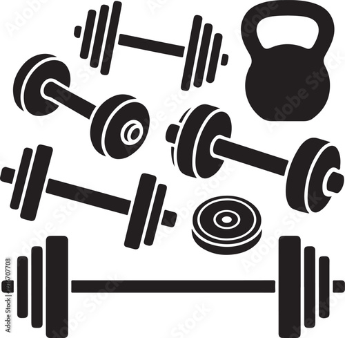 black and white silhouette of various gym equipment for exercising and lifting weights