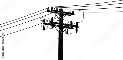Black electric utility pole silhouette with high voltage power lines and transformers isolated on white background for energy infrastructure design