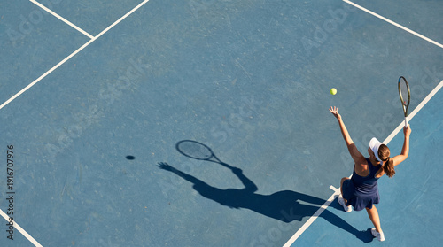 Wallpaper Mural Young female tennis player serving on blue court with strong shadow and motion energy Torontodigital.ca