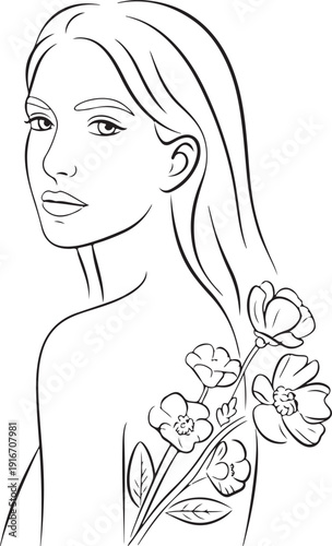 Woman face with flowers. Line art female hands with butterflies. One line vector drawing. Portrait minimalistic style. Botanical print. Nature symbol of cosmetics