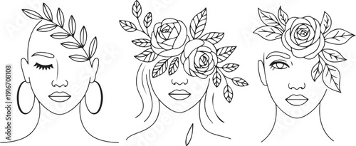 Women' faces in one line art style with flowers and leaves. Continuous line art in elegant style for prints, tattoos, posters, textile, cards etc. Beautiful woman face Vector illustration