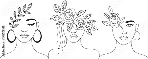 Women' faces in one line art style with flowers and leaves. Continuous line art in elegant style for prints, tattoos, posters, textile, cards etc. Beautiful woman face Vector illustration