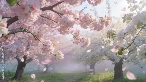 Cherry and apple orchard in full blossom with soft pastel haze, petals drifting in slow swirling motion, gentle breeze through branches, light rays shifting softly, dreamy ethereal spring ambience.