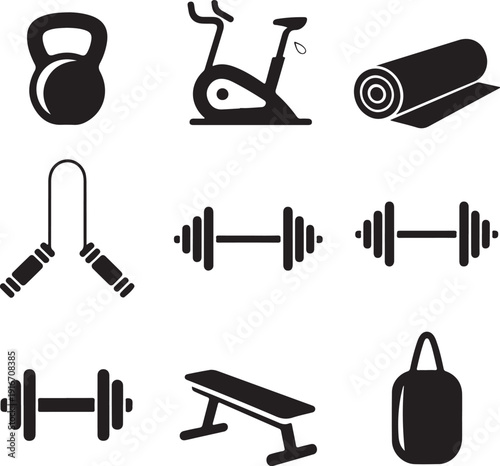 Black icons of various gym equipment on white background