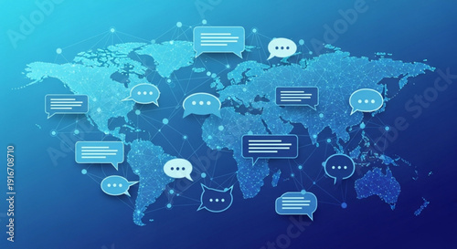Global communication network with speech bubbles on a blue world map background symbolizing international dialogue and connectivity