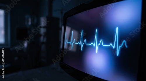 Bright blue electrocardiogram waveform glowing on a medical monitor. Dark blurred background in a hospital room, symbolizing health monitoring.