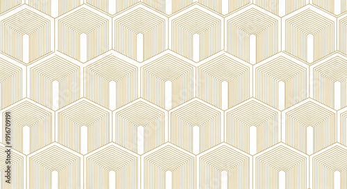 Geometric pattern with repeating hexagons outlined in thin gold lines on a white background, creating a sense of symmetry and modern elegance.